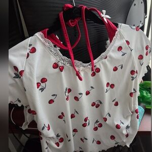 Cropped Cherry Print White Blouse with Red Trim Summer Beach